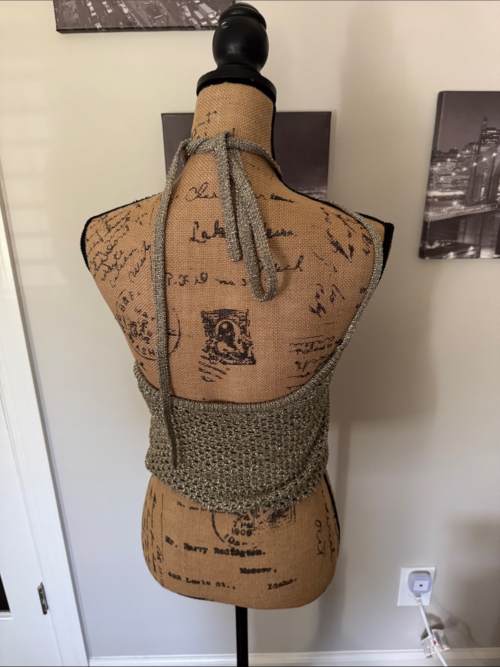 cult gaia Metallic Taupe Crochet Trim Top with Gold Logo Plate - Picture 3 of 4